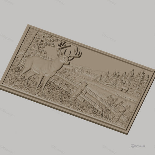 Fichier CNC & impression 3D cerf et paysage forestier, clôture en bois, haute qualité relief STL