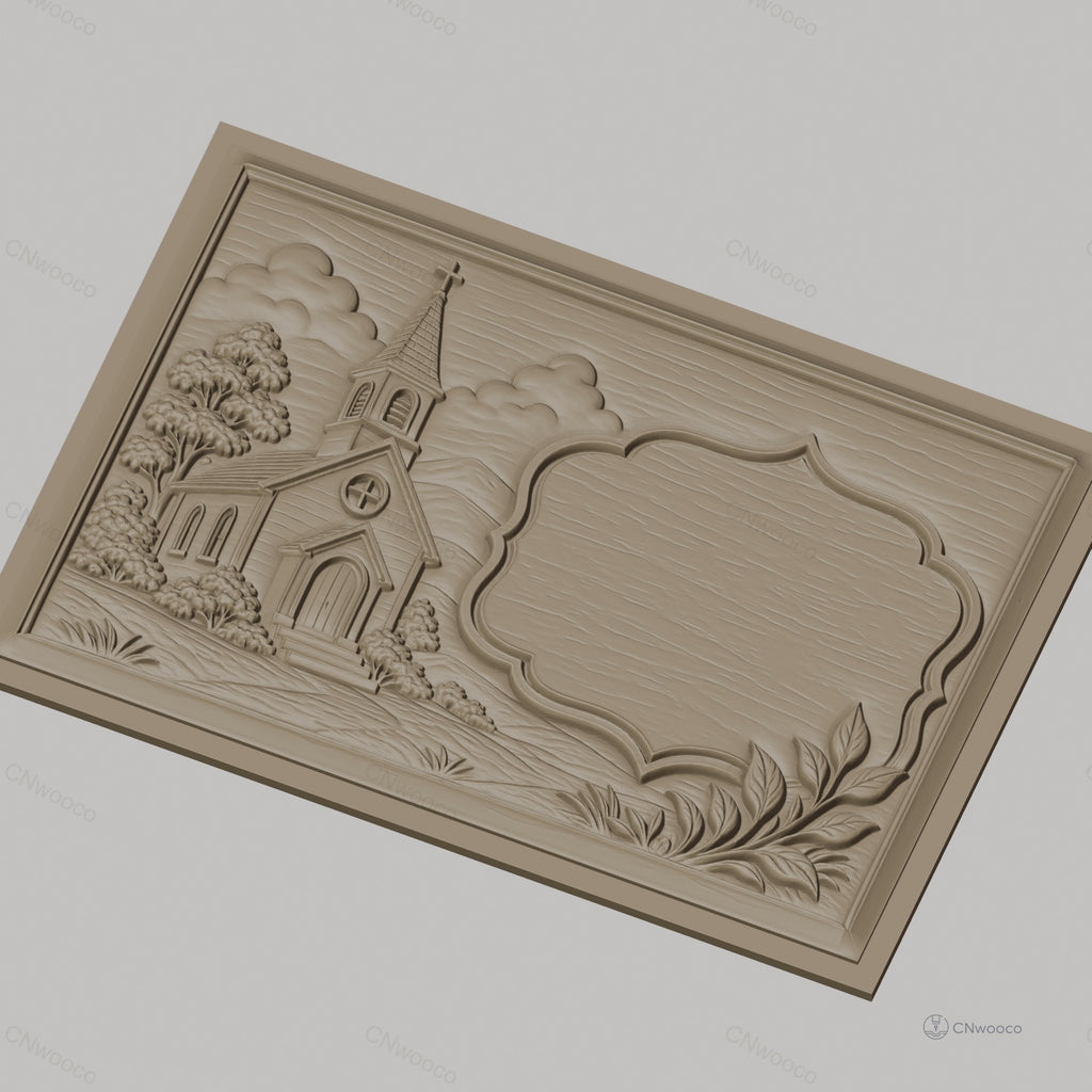 Fichier CNC & impression 3D église rurale, arbres et cadre décoratif, haute qualité relief STL