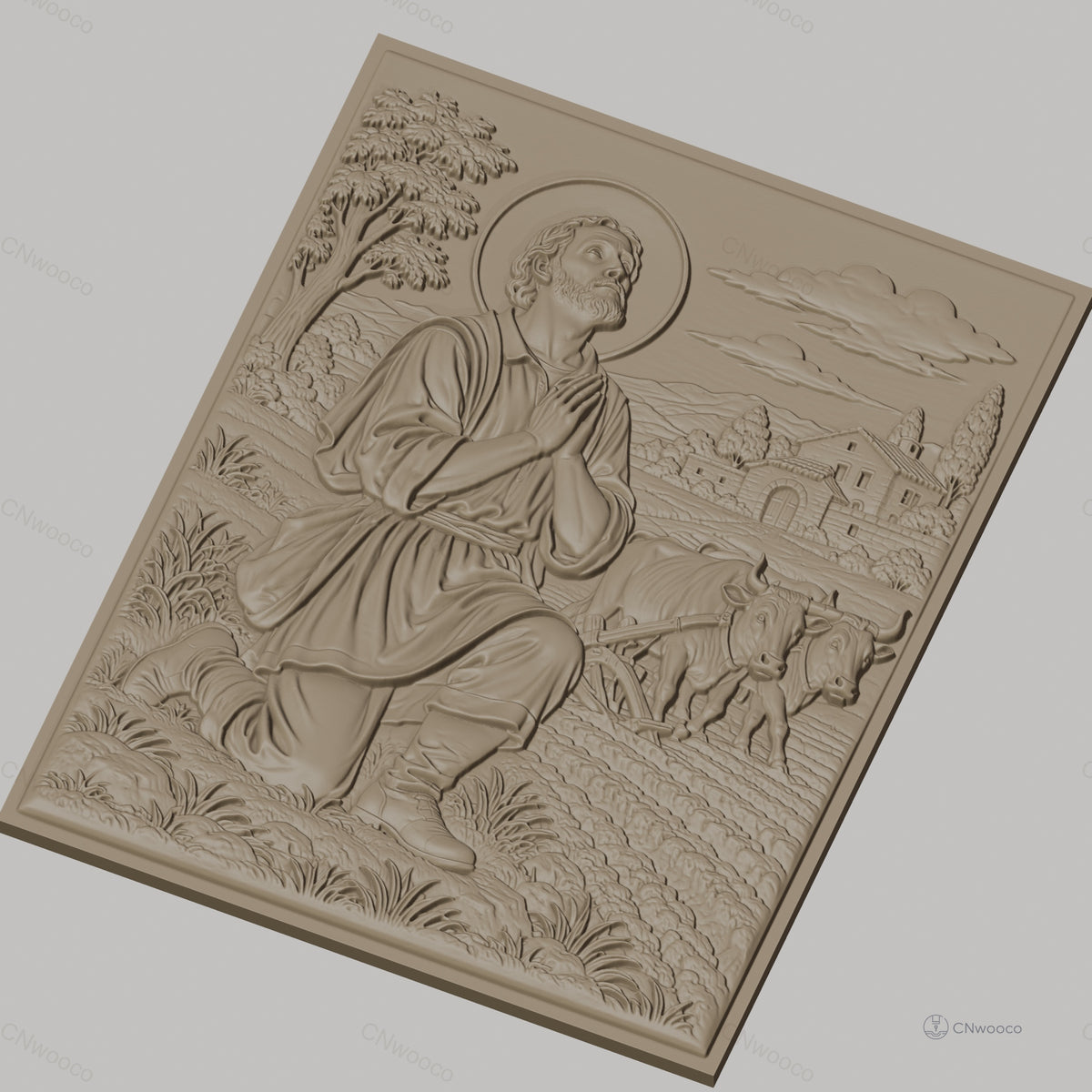 Fichier CNC & impression 3D scène religieuse, homme en prière devant bœufs au champ, haute qualité relief STL