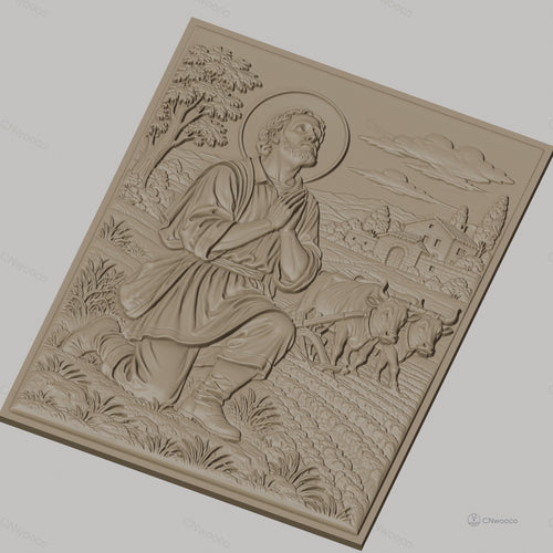 Fichier CNC & impression 3D scène religieuse, homme en prière devant bœufs au champ, haute qualité relief STL