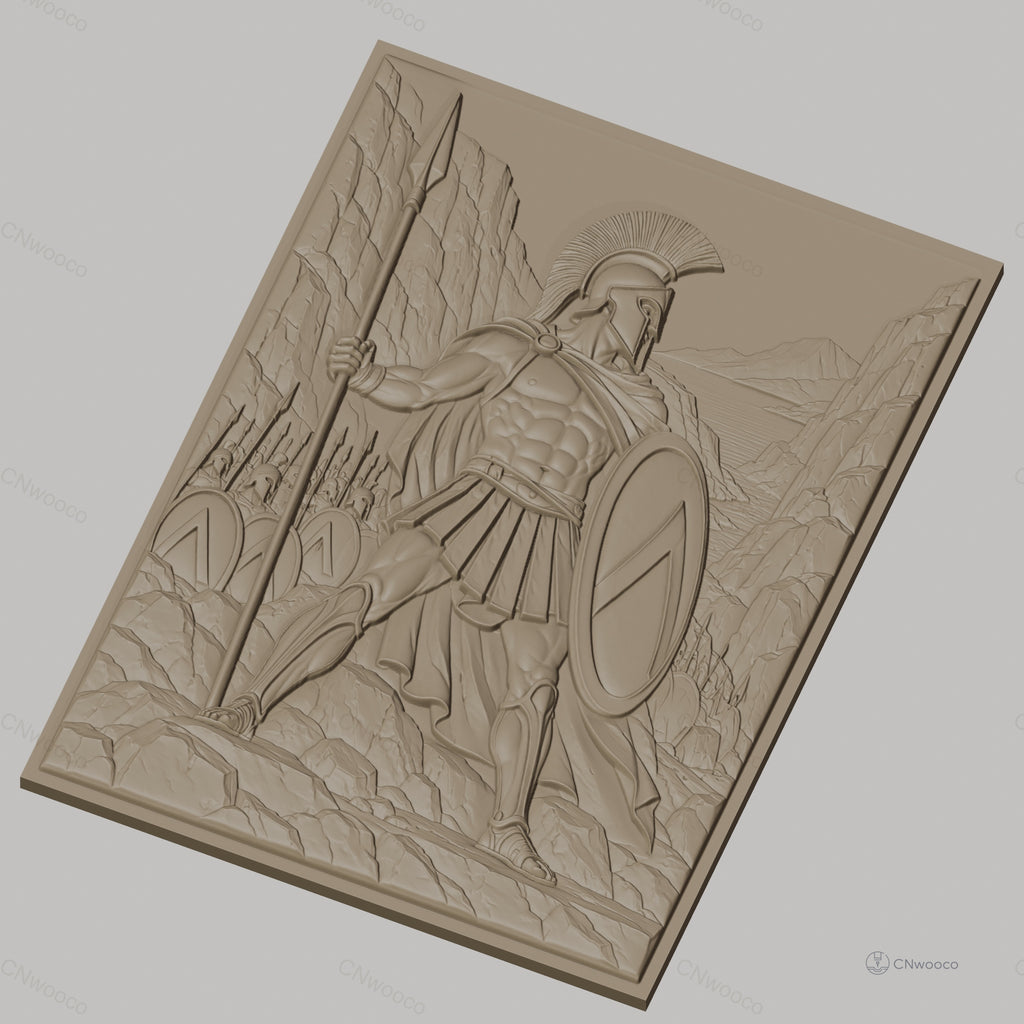 Fichier CNC & impression 3D guerrier spartiate, lance, bouclier, armée et paysage montagneux, haute qualité relief STL