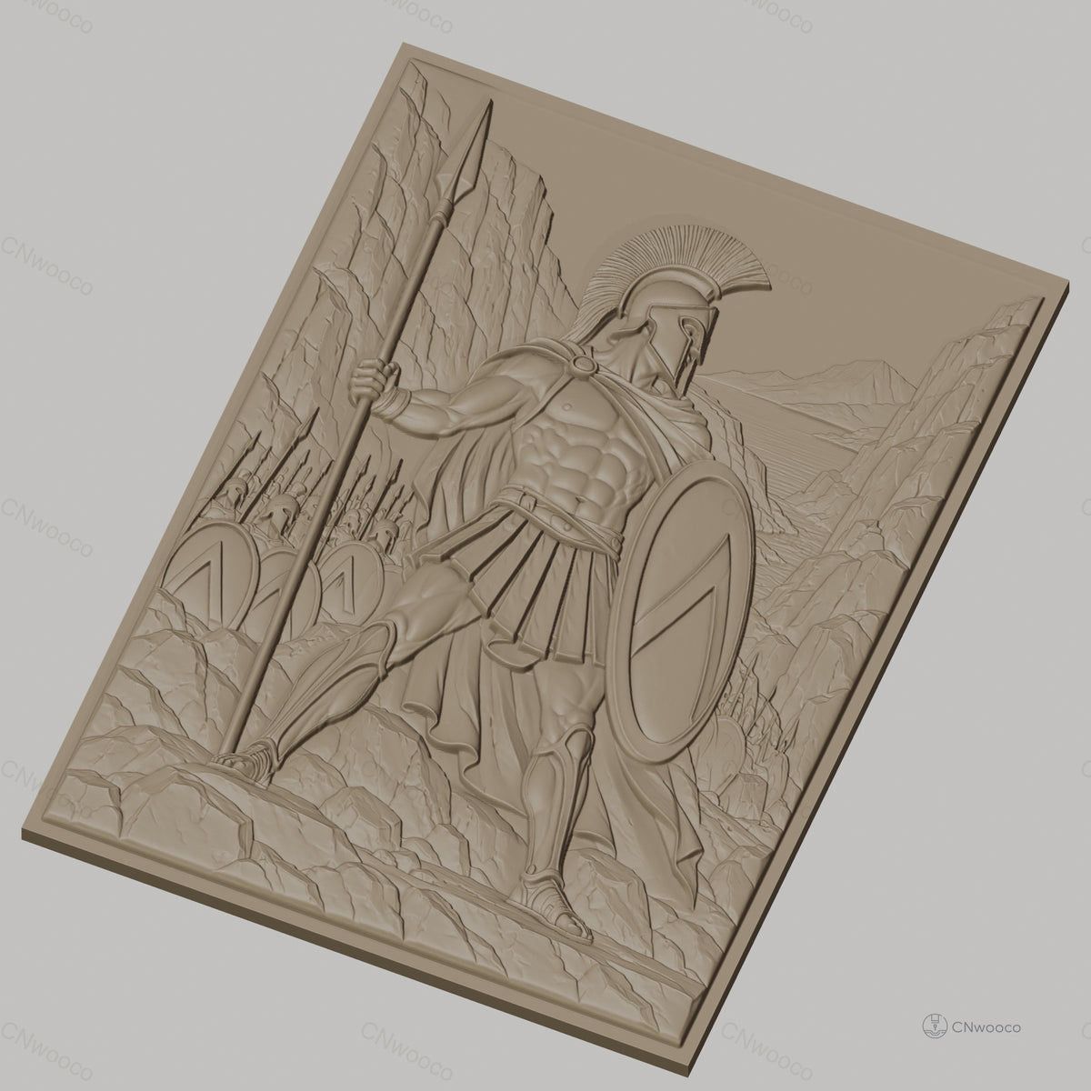 Fichier CNC & impression 3D guerrier spartiate, lance, bouclier, armée et paysage montagneux, haute qualité relief STL