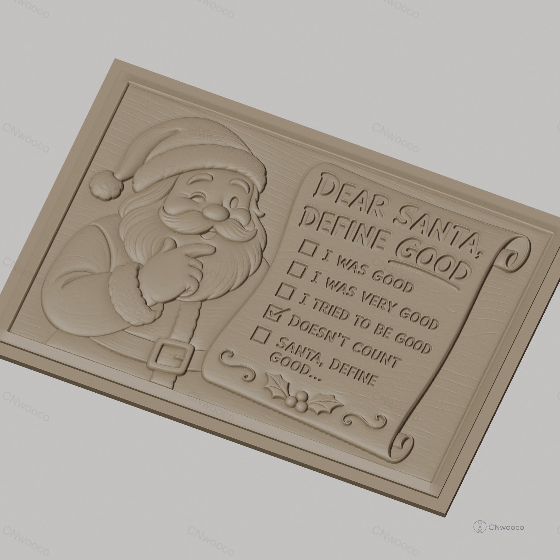 Fichier CNC & impression 3D Père Noël pensif, liste drôle Noël, haute qualité relief STL