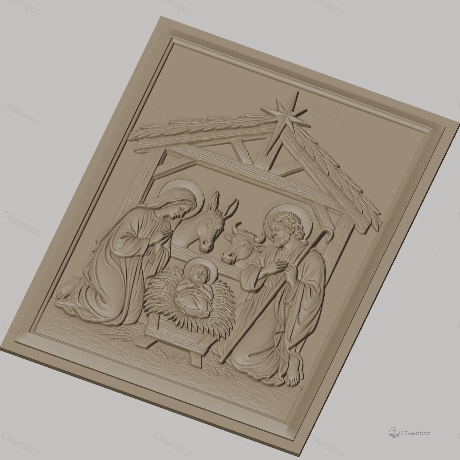 Fichier CNC & impression 3D crèche de Noël, Sainte Famille avec âne et bœuf, haute qualité relief STL
