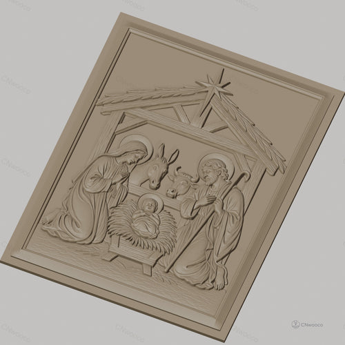 Fichier CNC & impression 3D crèche de Noël, Sainte Famille avec âne et bœuf, haute qualité relief STL