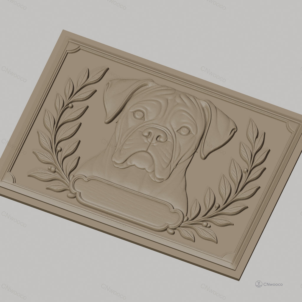 Fichier CNC & impression 3D Boxer chien, portrait avec feuilles et cadre ornemental, haute qualité relief STL