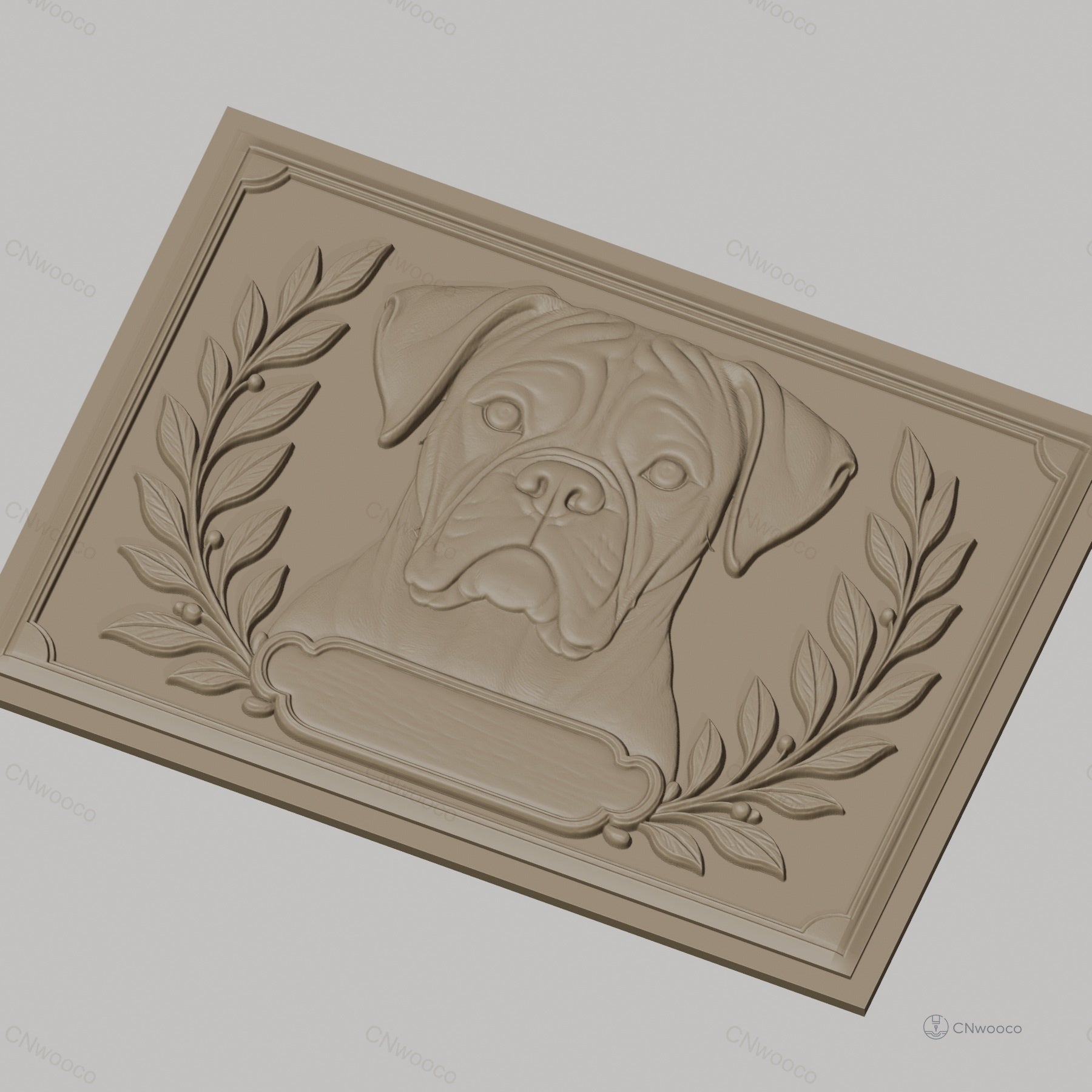 Fichier CNC & impression 3D Boxer chien, portrait avec feuilles et cadre ornemental, haute qualité relief STL