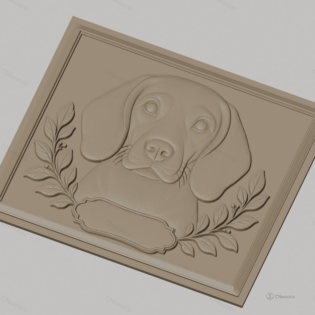 Fichier CNC & impression 3D portrait chien beagle, cadre avec feuilles ornement, haute qualité relief STL