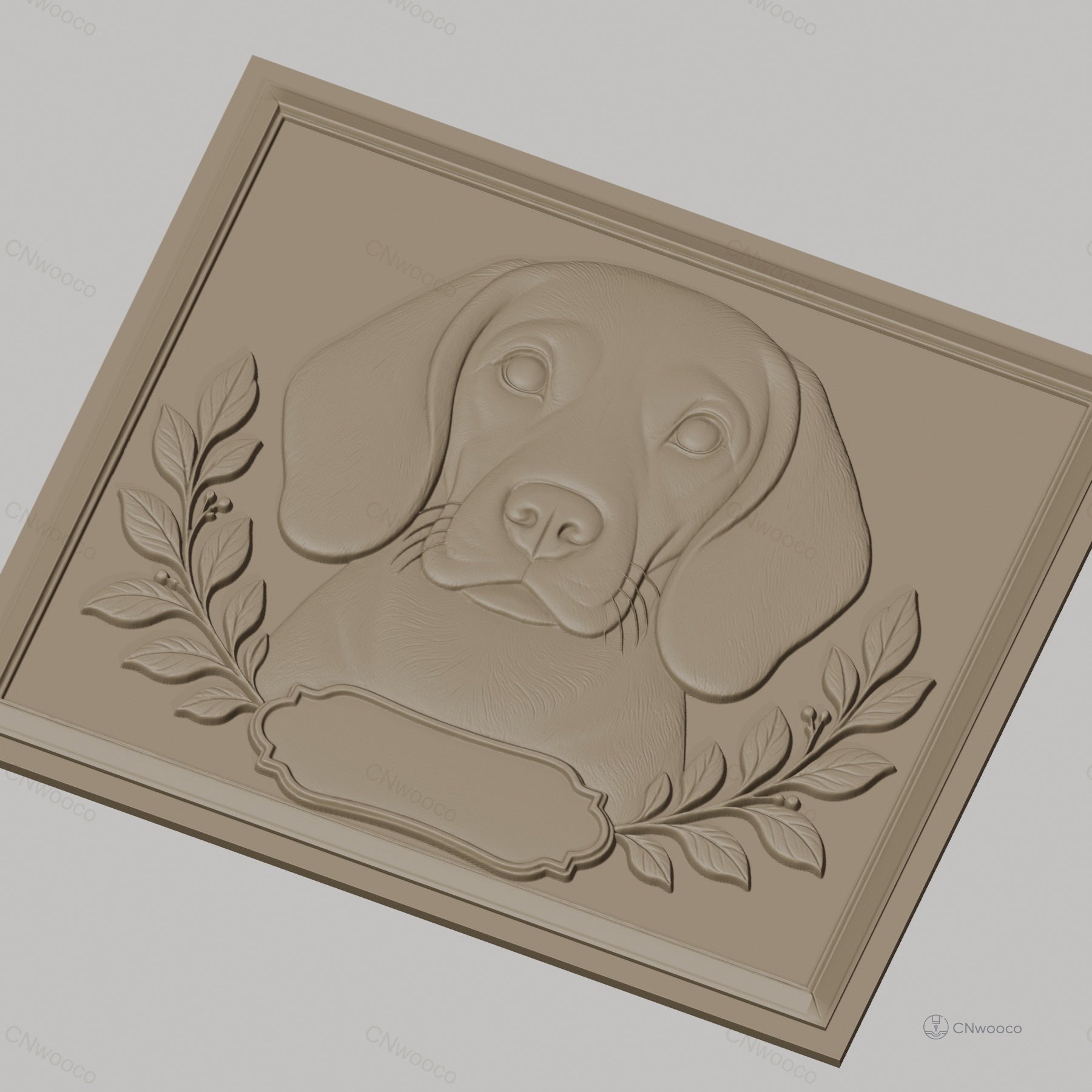 Fichier CNC & impression 3D portrait chien beagle, cadre avec feuilles ornement, haute qualité relief STL