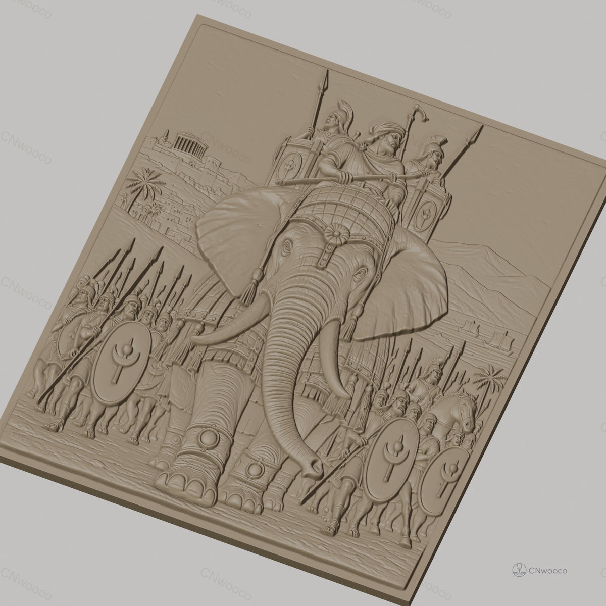 Fichier CNC & impression 3D armée antique avec éléphant de guerre, soldats et chevaux, haute qualité relief STL