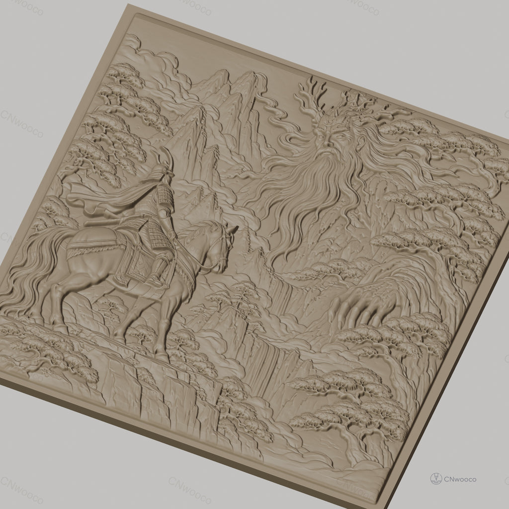 Fichier CNC & impression 3D samouraï à cheval et esprit de la nature, montagnes et cascades relief, haute qualité relief STL