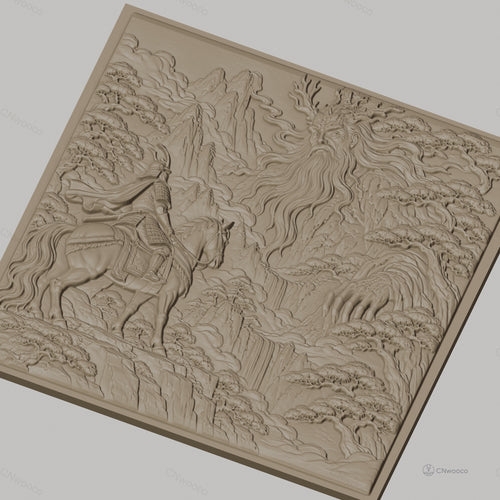Fichier CNC & impression 3D samouraï à cheval et esprit de la nature, montagnes et cascades relief, haute qualité relief STL