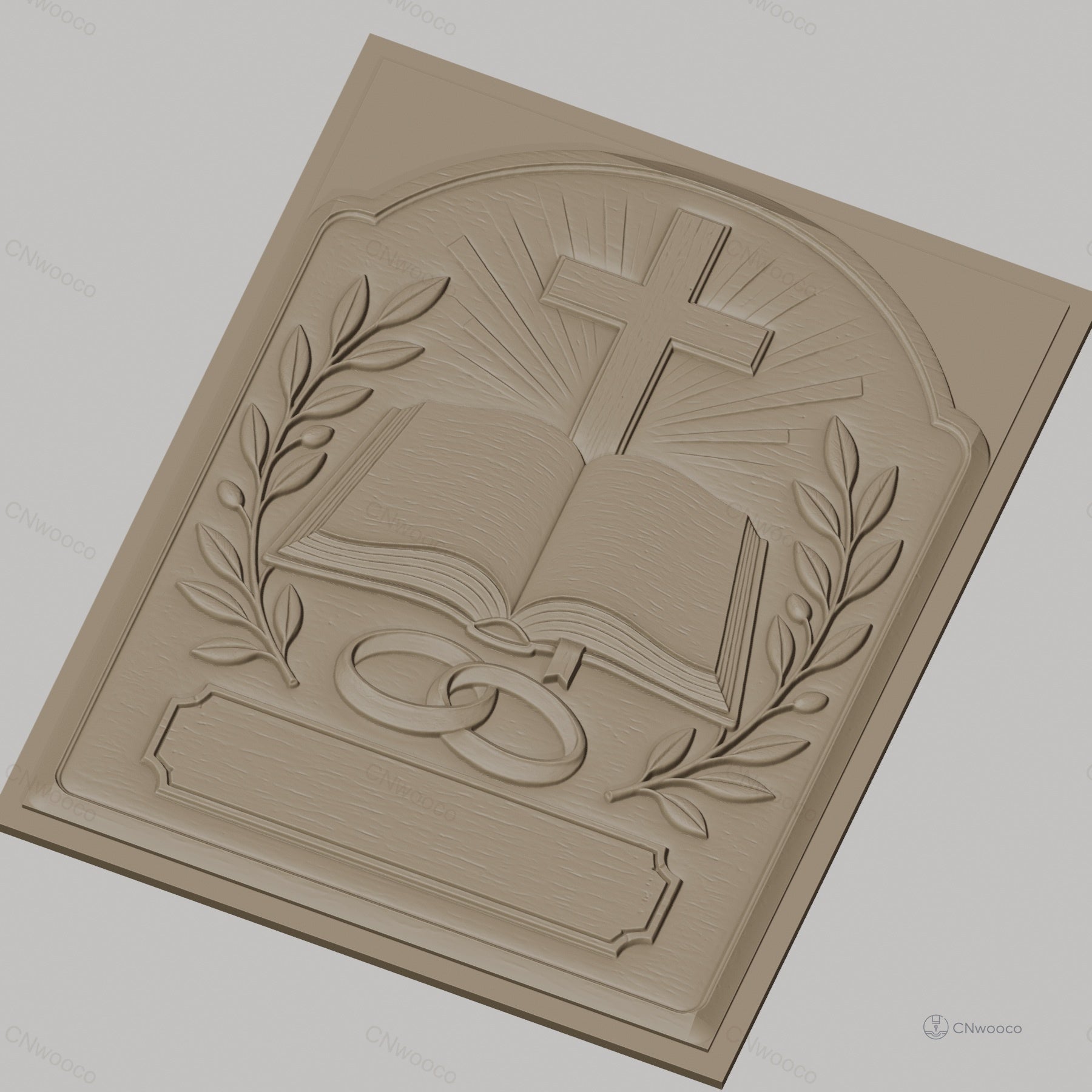 Fichier CNC & impression 3D thème mariage religieux, croix, livre ouvert, alliances, feuilles, haute qualité relief STL