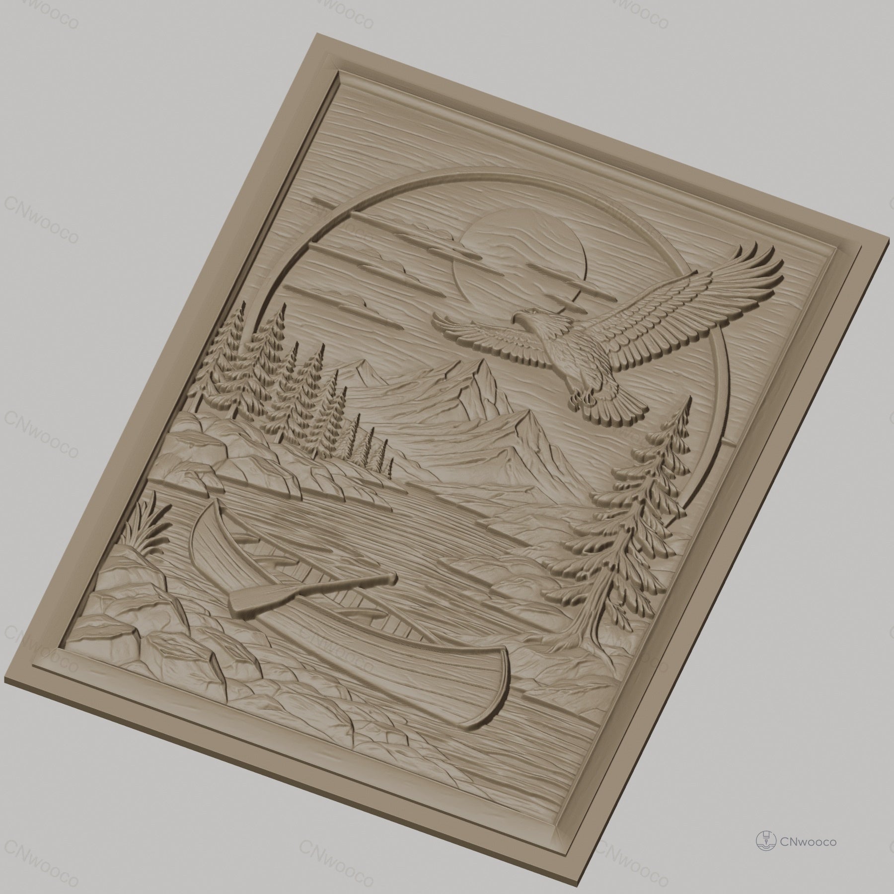 Fichier CNC & impression 3D nature sauvage, rivière, canoë, aigle et montagne, haute qualité relief STL