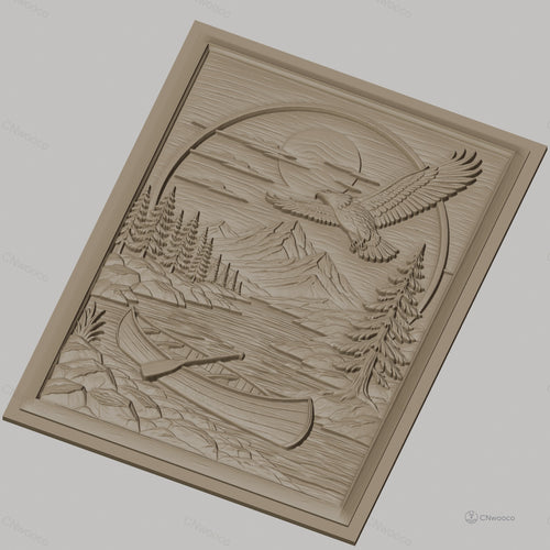 Fichier CNC & impression 3D nature sauvage, rivière, canoë, aigle et montagne, haute qualité relief STL