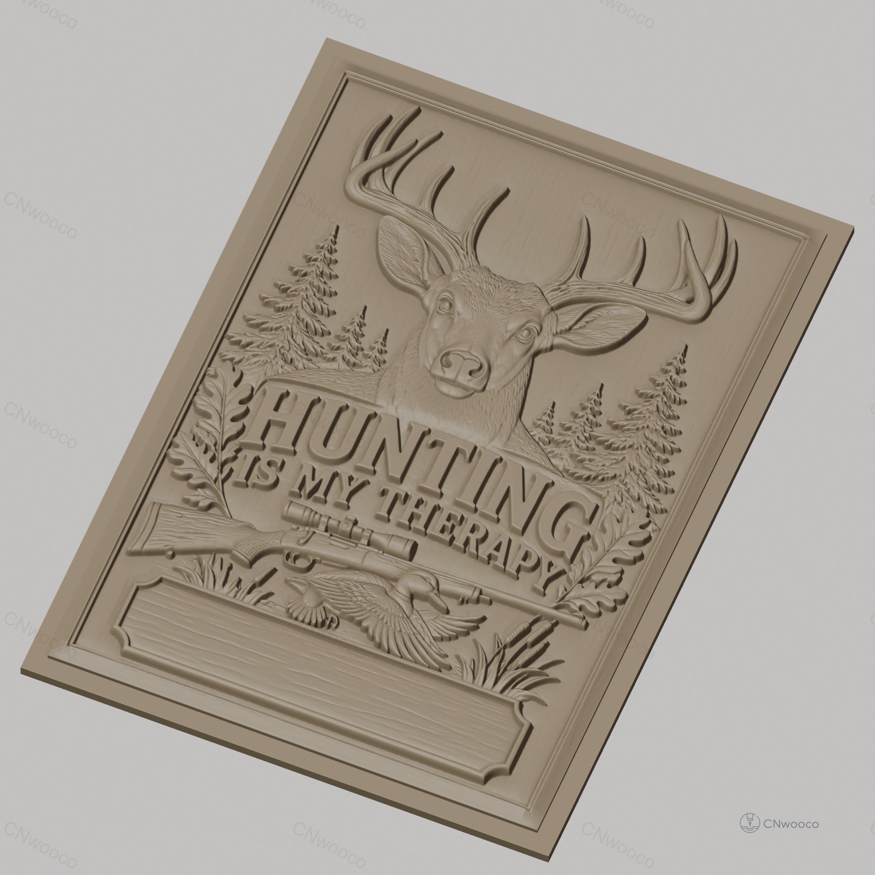 Fichier CNC & impression 3D chasse, cerf, fusil, canard, forêt, texte Hunting is my therapy, haute qualité relief STL