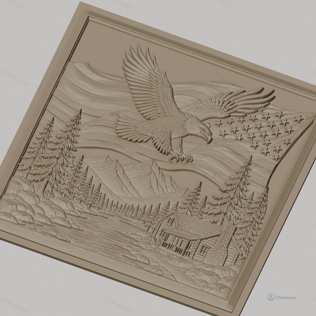 Fichier CNC & impression 3D nature américaine, aigle américain, drapeau USA, paysage montagne, chalet, haute qualité relief STL