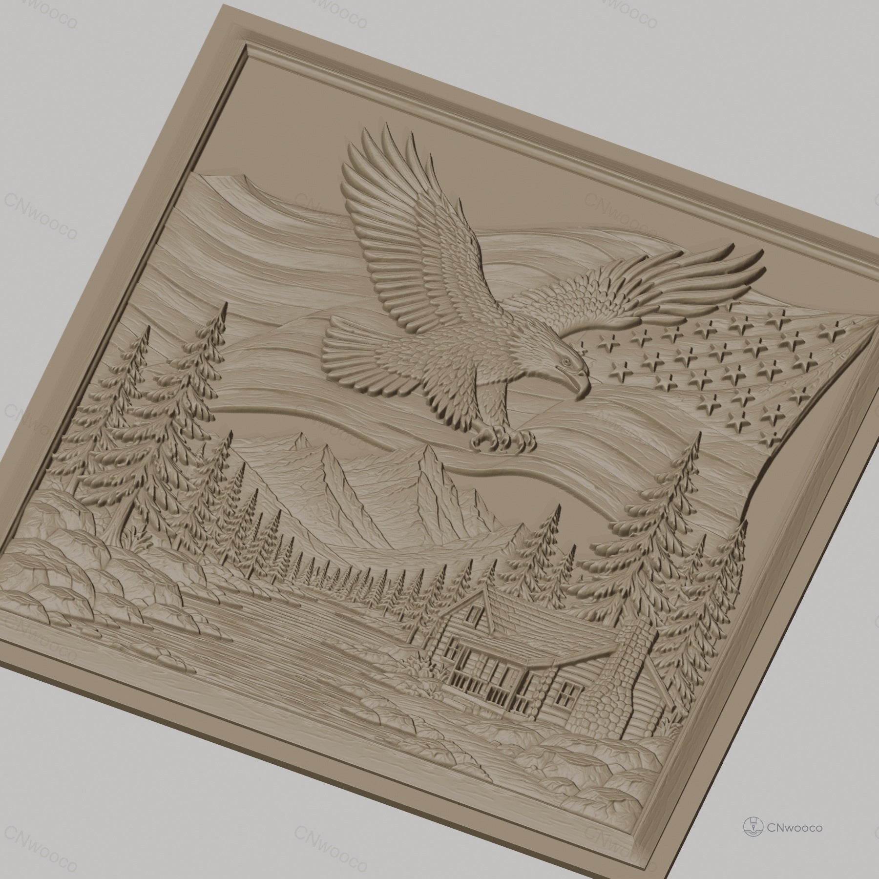 Fichier CNC & impression 3D nature américaine, aigle américain, drapeau USA, paysage montagne, chalet, haute qualité relief STL