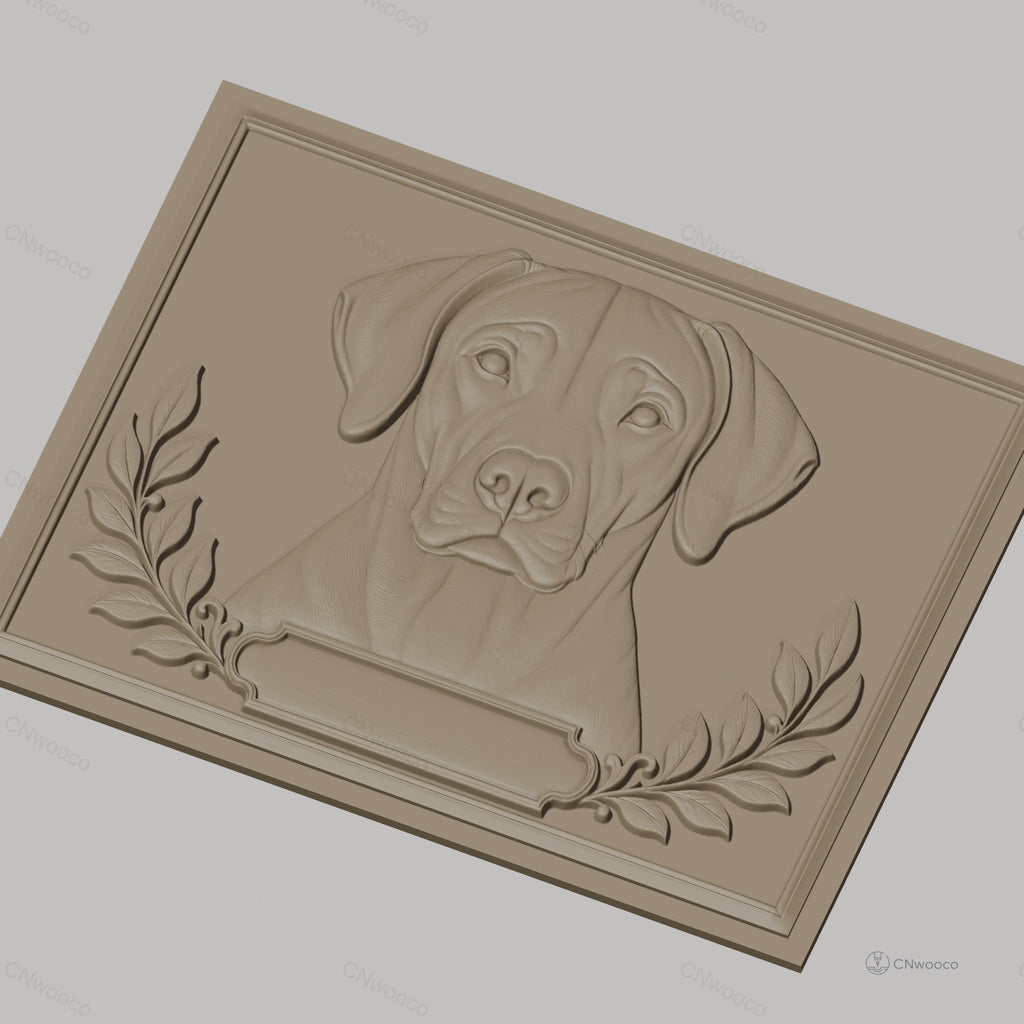 Fichier CNC & impression 3D portrait de chien labrador, cadre feuilles décoratives, haute qualité relief STL