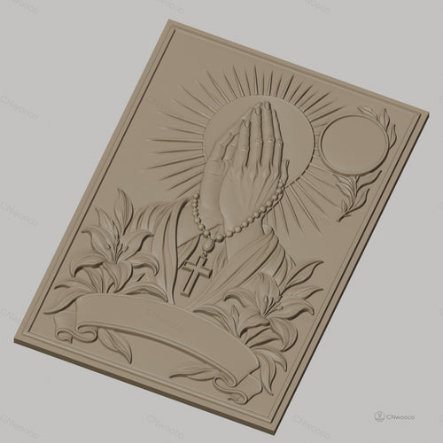 Fichier CNC & impression 3D mains en prière, chapelet, croix, lys et soleil, haute qualité relief STL