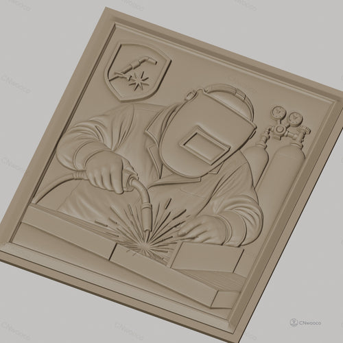Fichier CNC & impression 3D Soudeur avec casque, poste à souder et étincelles, haute qualité relief STL