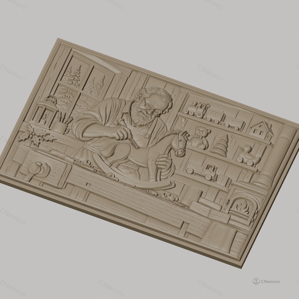 Fichier CNC & impression 3D atelier de menuiserie, artisan sculptant cheval à bascule, haute qualité relief STL