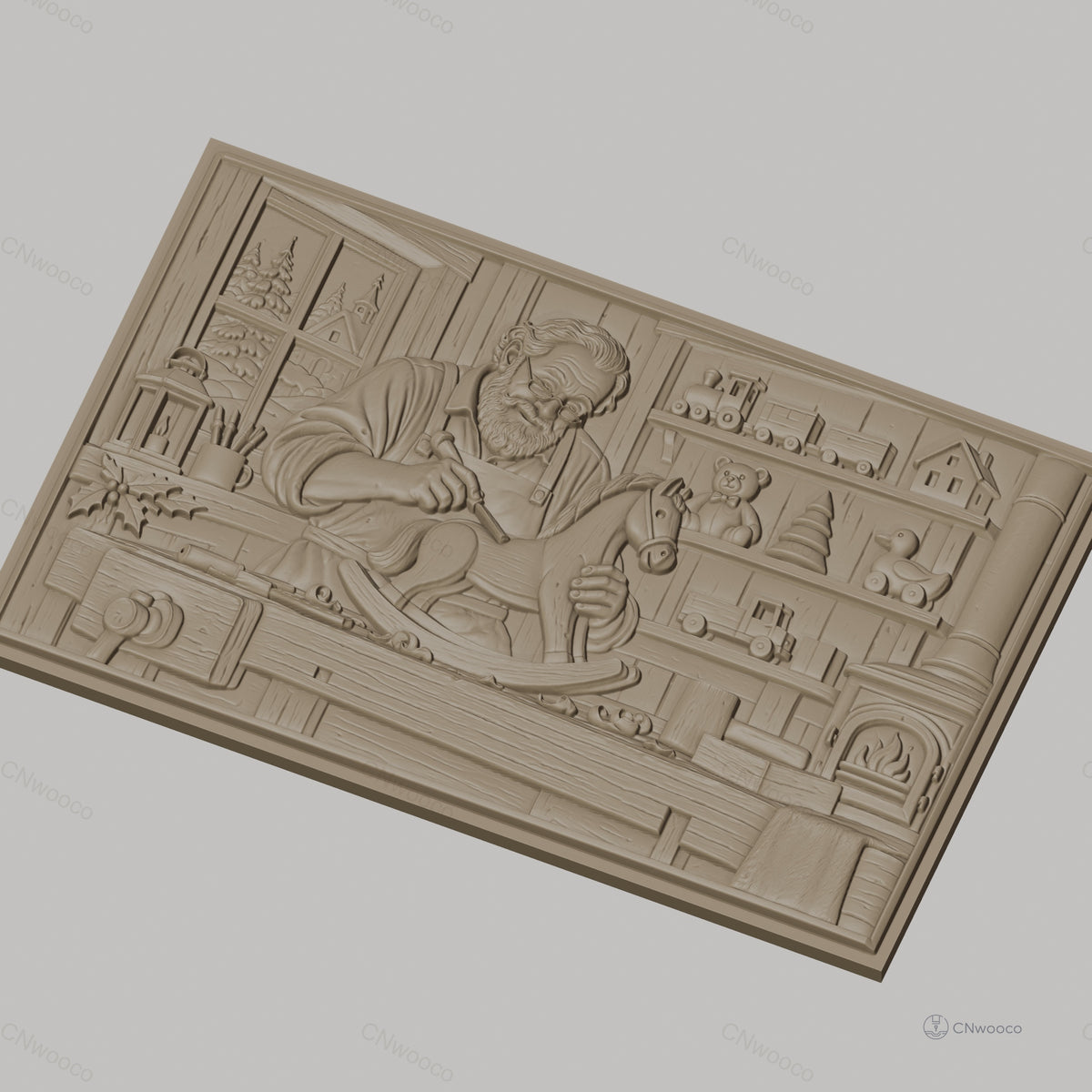 Fichier CNC & impression 3D atelier de menuiserie, artisan sculptant cheval à bascule, haute qualité relief STL