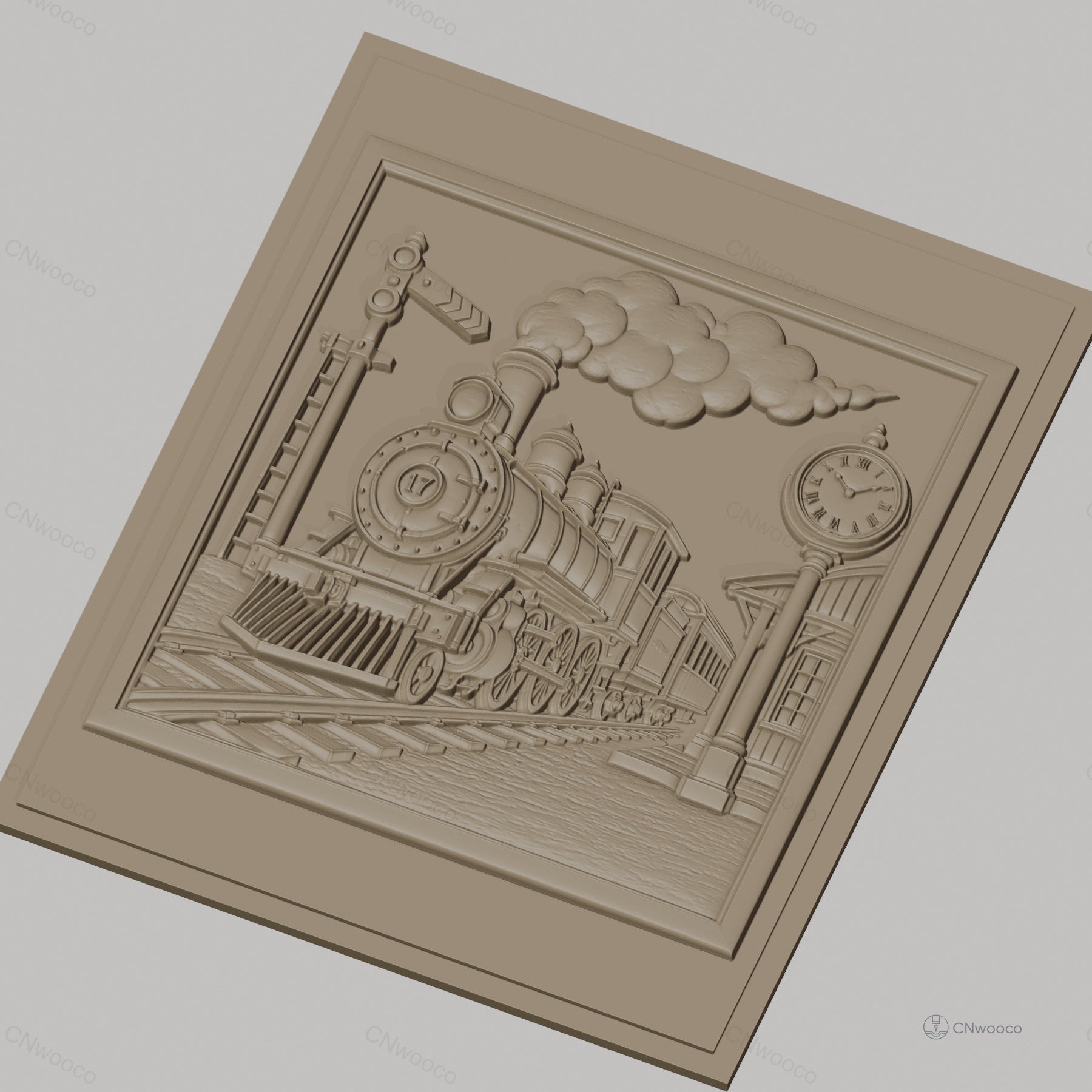 Fichier CNC & impression 3D train à vapeur vintage, gare avec horloge et signal, haute qualité relief STL