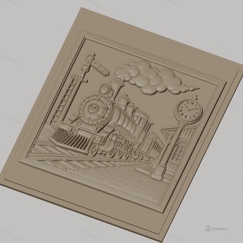 Fichier CNC & impression 3D train à vapeur vintage, gare avec horloge et signal, haute qualité relief STL