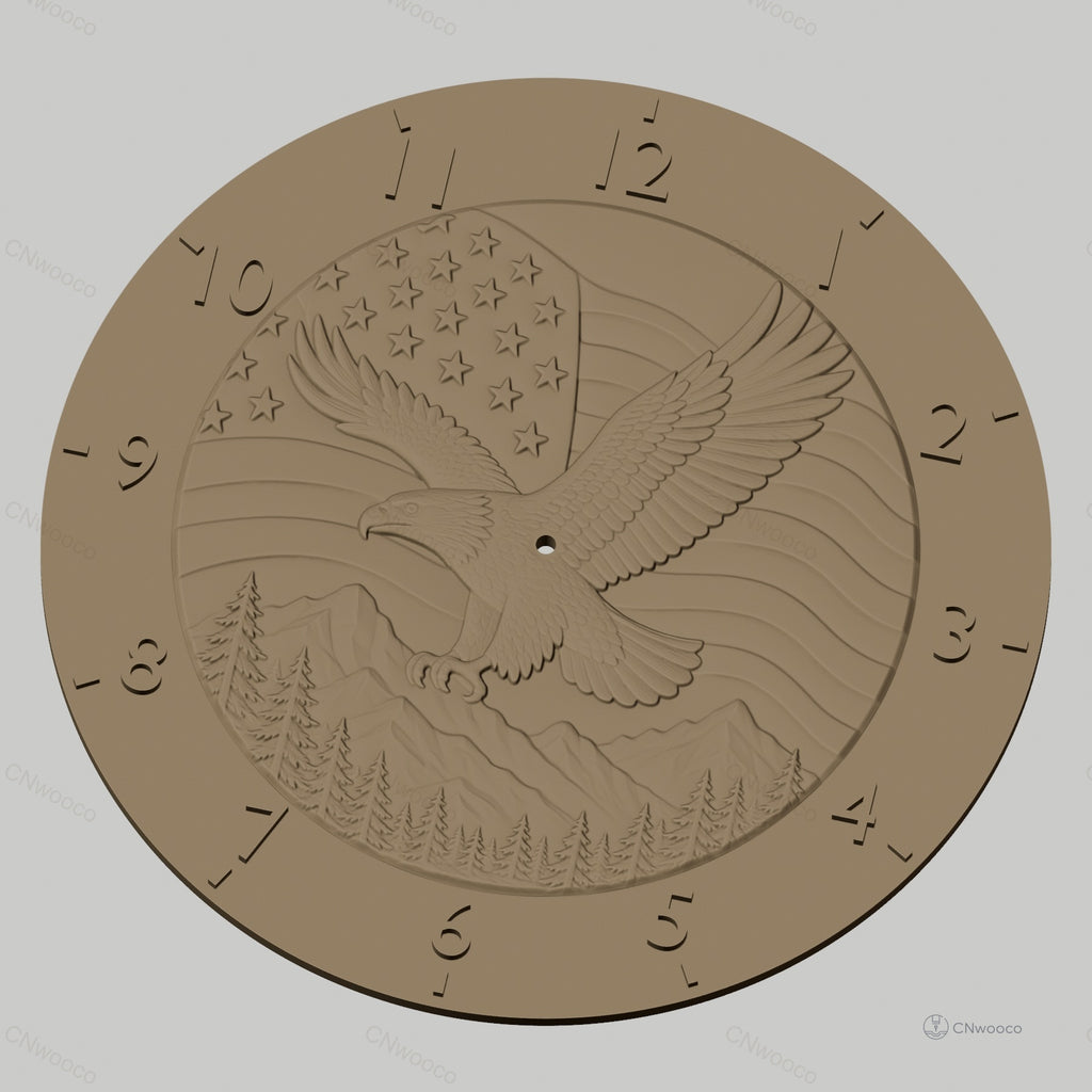 Fichier CNC & impression 3D horloge murale aigle américain relief montagne forêt STL