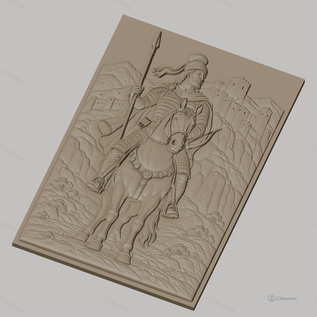 Fichier CNC & impression 3D cavalier médiéval à cheval, château et montagnes, haute qualité relief STL