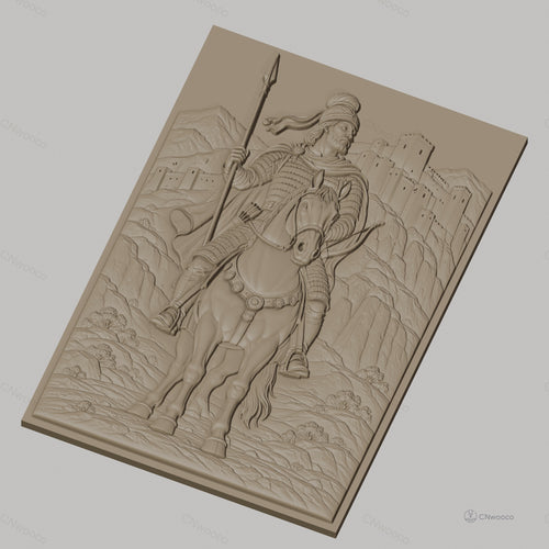 Fichier CNC & impression 3D cavalier médiéval à cheval, château et montagnes, haute qualité relief STL