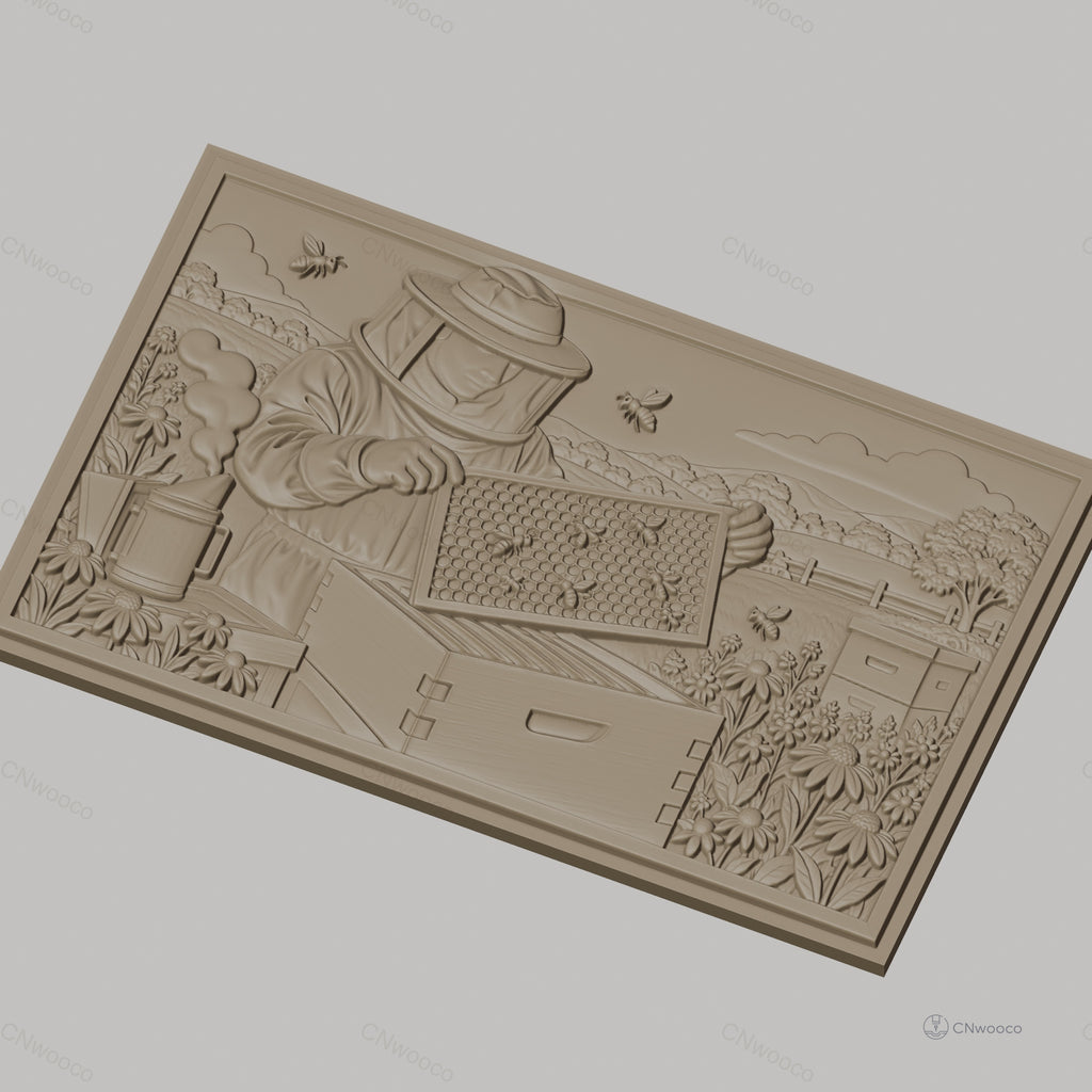 Fichier CNC & impression 3D apiculteur avec ruche, abeilles et fleurs, haute qualité relief STL