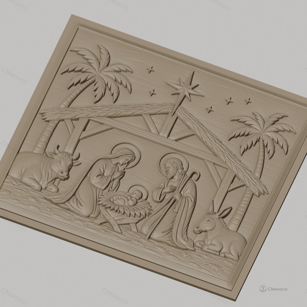 Fichier CNC & impression 3D Nativité, crèche avec Marie Joseph bébé Jésus et animaux, haute qualité relief STL
