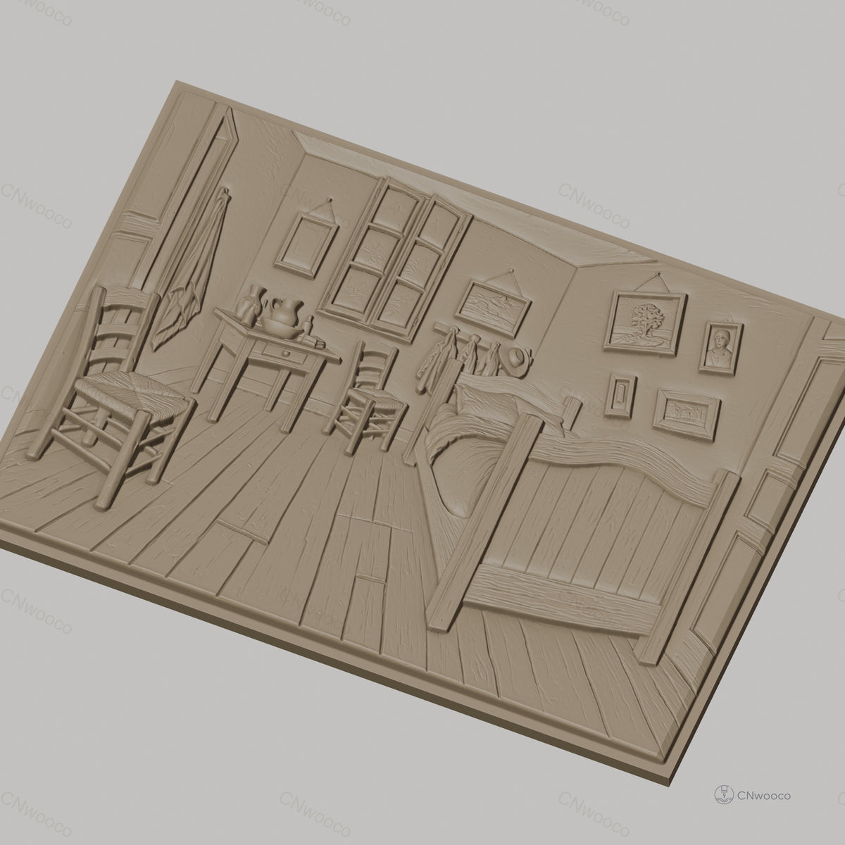 Fichier CNC & impression 3D chambre ancienne, lit, chaise, table, tableaux, haute qualité relief STL