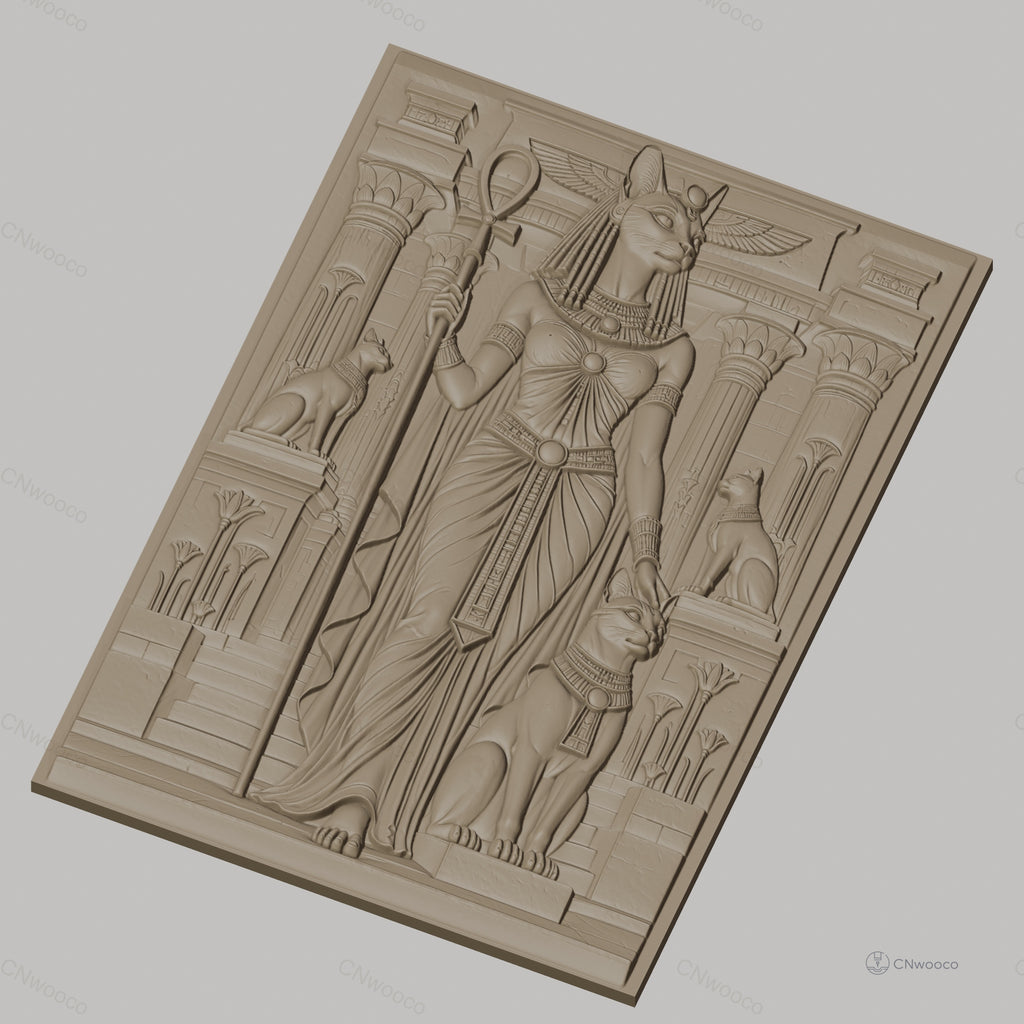 Fichier CNC & impression 3D déesse égyptienne Bastet, chats, colonnes et sphinx, haute qualité relief STL