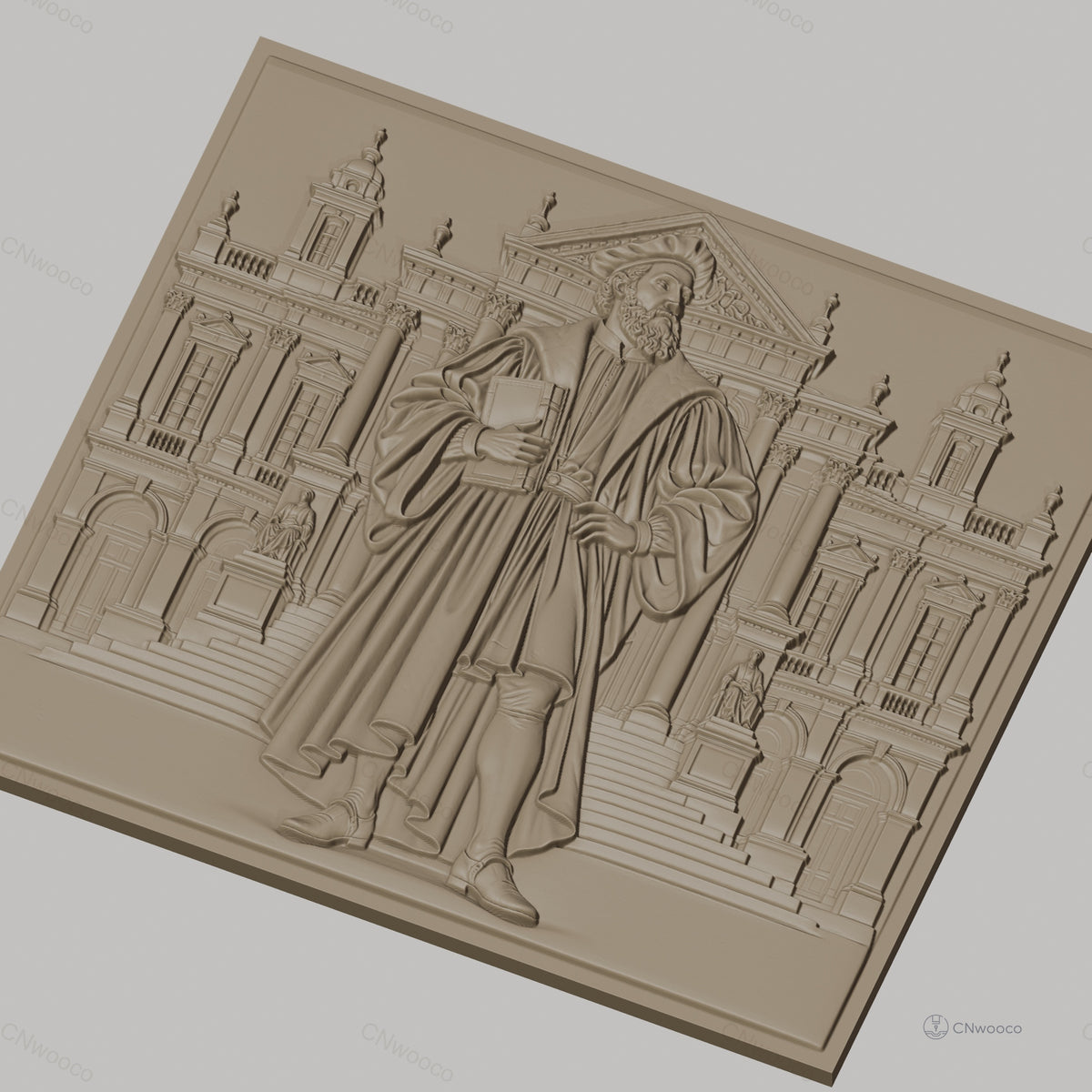 Fichier CNC & impression 3D explorateur Renaissance, homme en habit d'époque et architecture classique, haute qualité relief STL