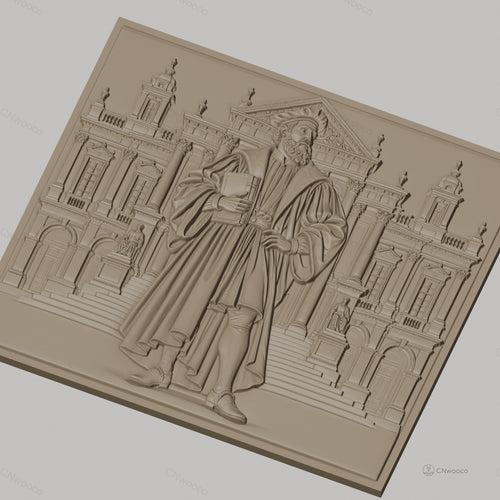 Fichier CNC & impression 3D explorateur Renaissance, homme en habit d'époque et architecture classique, haute qualité relief STL