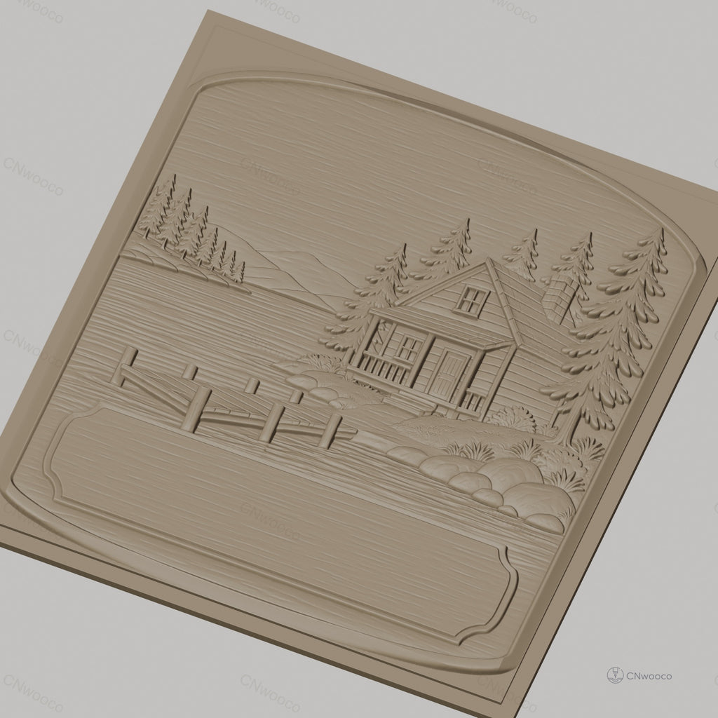 Fichier CNC & impression 3D chalet lac, ponton, arbres et rochers, haute qualité relief STL