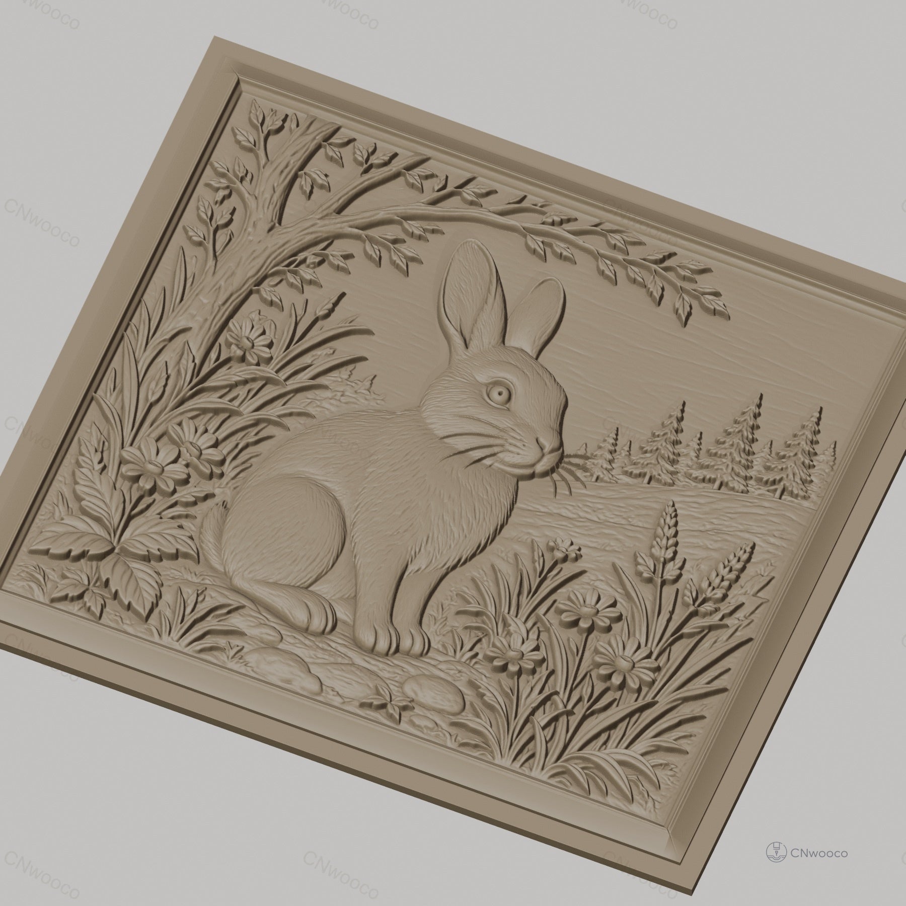 Fichier CNC & impression 3D lapin dans la nature avec fleurs et arbre, haute qualité relief STL