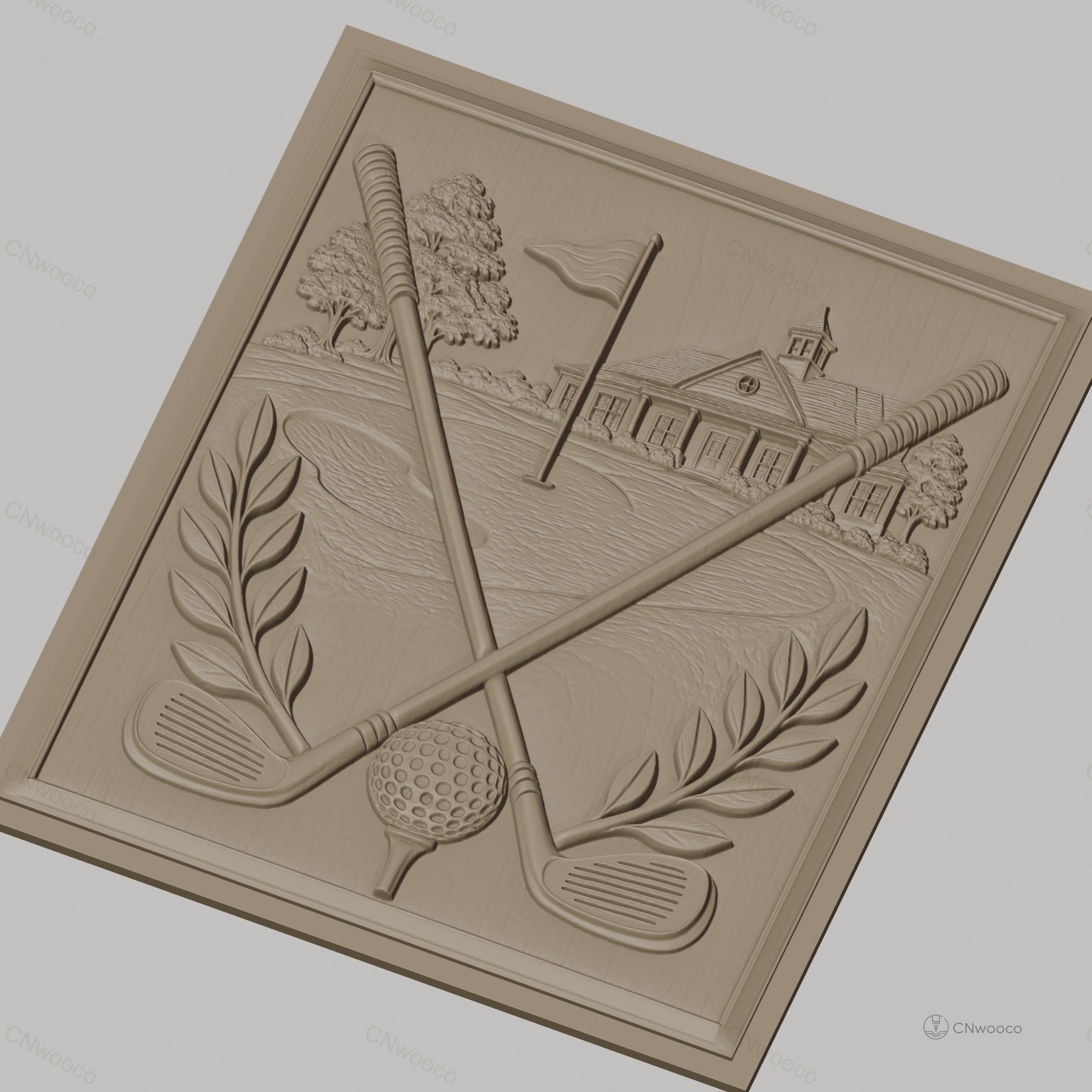 Fichier CNC & impression 3D golf, clubs croisés, balle sur tee, drapeau et club house haute qualité relief STL