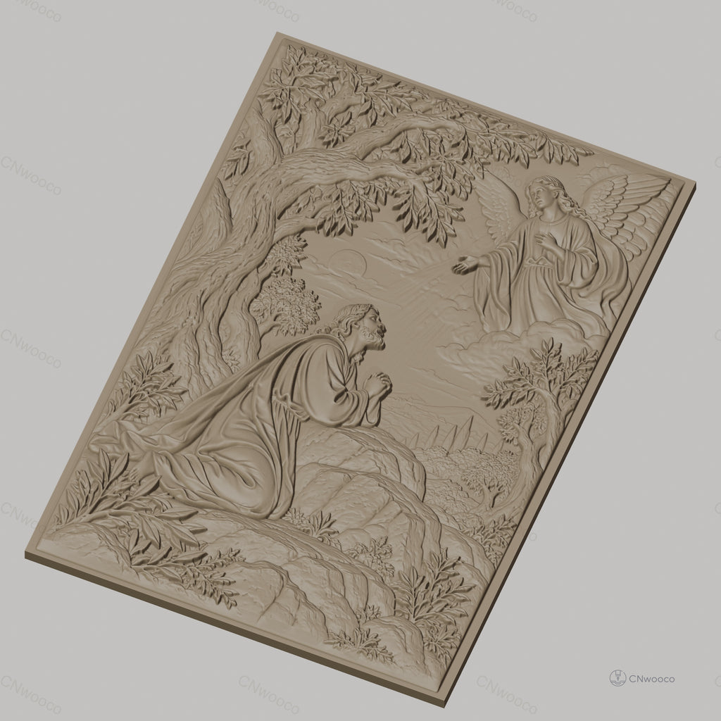 Fichier CNC & impression 3D Jésus priant avec ange, arbre et paysage, haute qualité relief STL