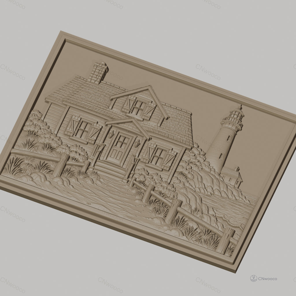 Fichier CNC & impression 3D maison au bord de mer, phare, sentier et végétation, haute qualité relief STL