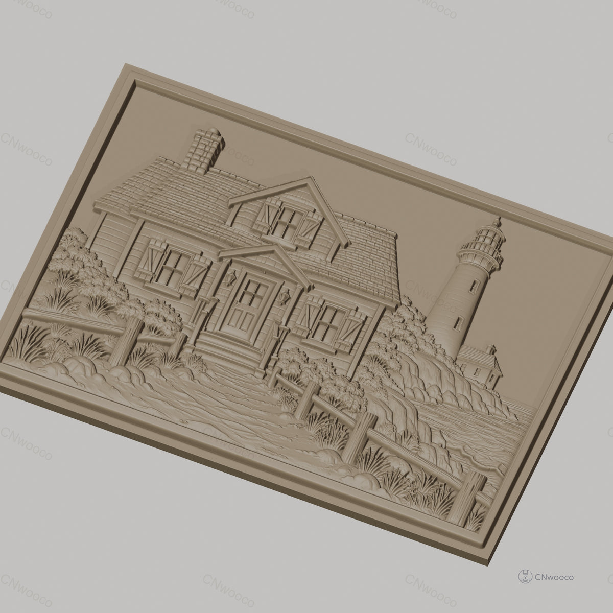 Fichier CNC & impression 3D maison au bord de mer, phare, sentier et végétation, haute qualité relief STL
