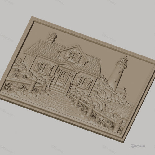 Fichier CNC & impression 3D maison au bord de mer, phare, sentier et végétation, haute qualité relief STL