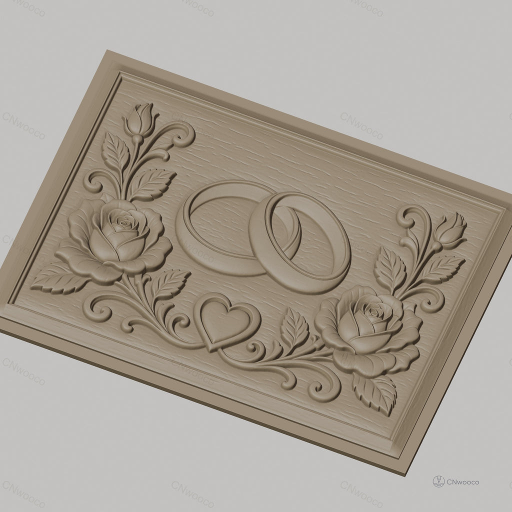 Fichier CNC & impression 3D thème mariage, bagues entrelacées, roses et cœur, haute qualité relief STL