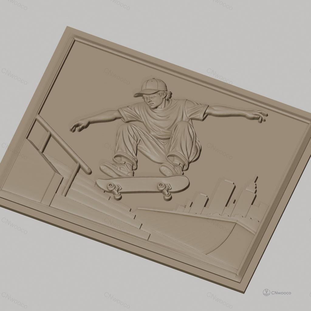 Fichier CNC & impression 3D Skateur sautant à la rampe avec ville en arrière-plan, haute qualité relief STL