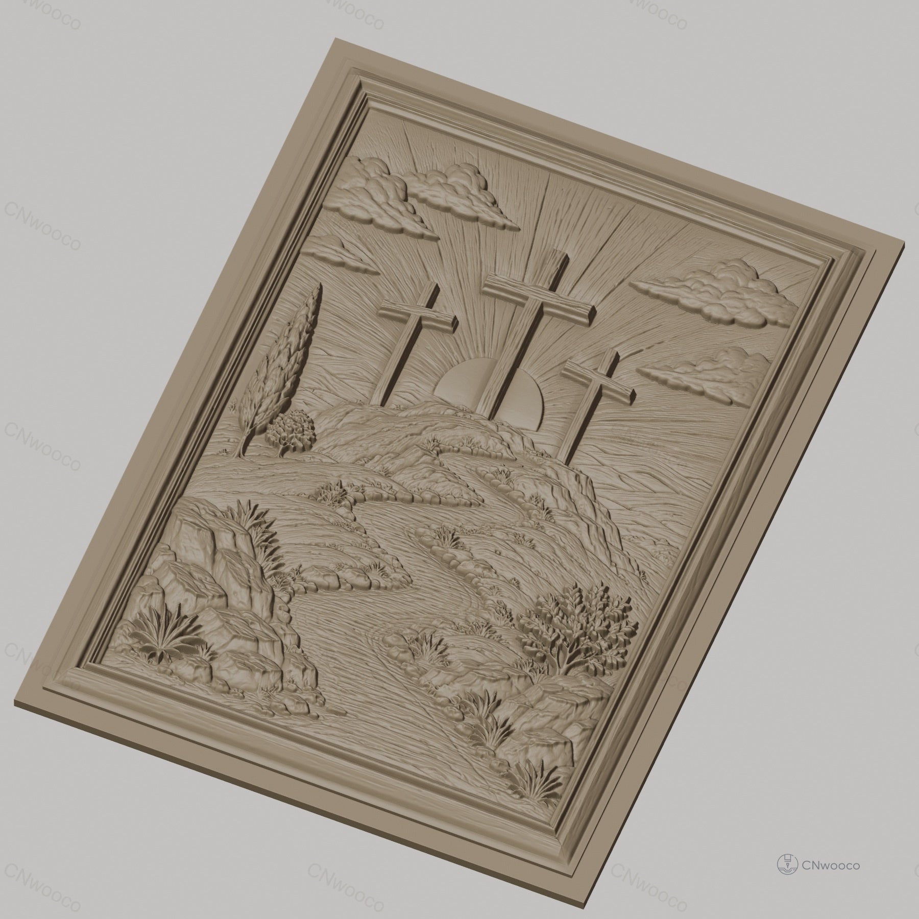 Fichier CNC & impression 3D scène chrétienne, croix sur colline avec rivière et arbres, haute qualité relief STL