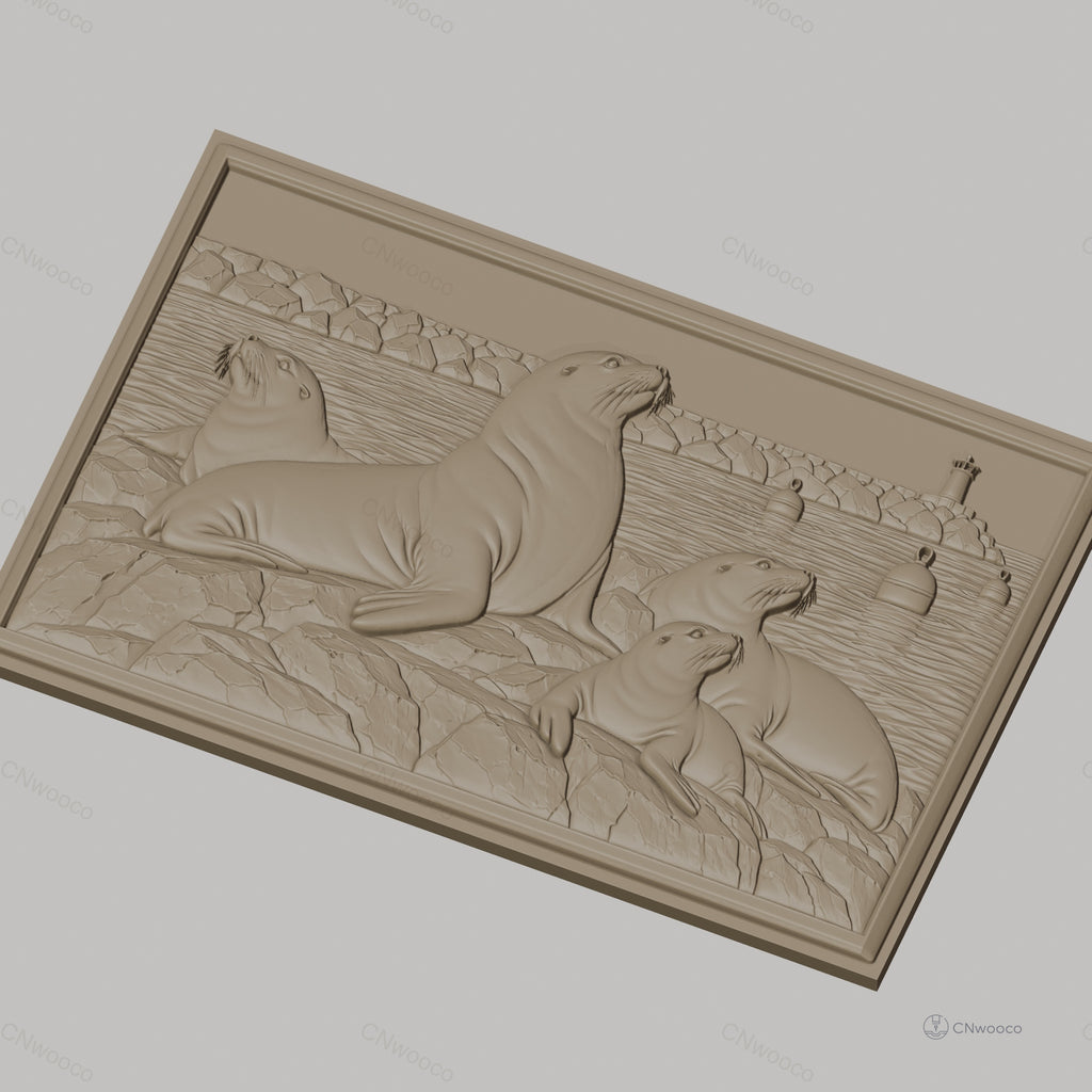 Fichier CNC & impression 3D phoques sur rochers avec phare et bouées haute qualité relief STL