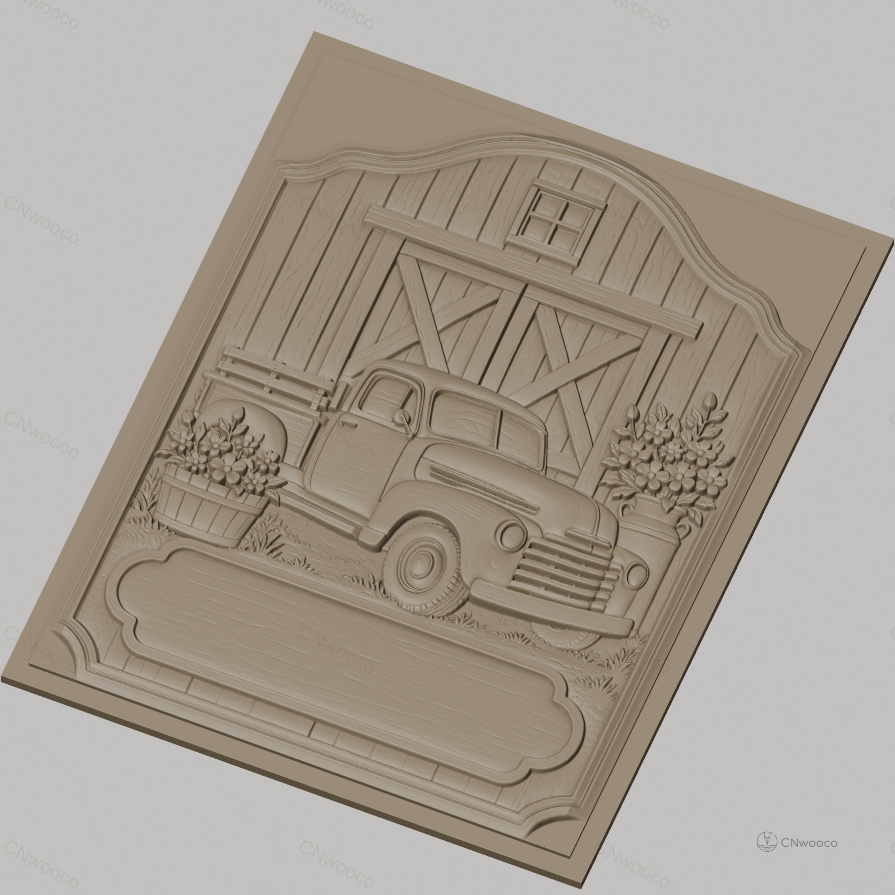 Fichier CNC & impression 3D camion ancien, grange bois, fleurs en relief, haute qualité relief STL